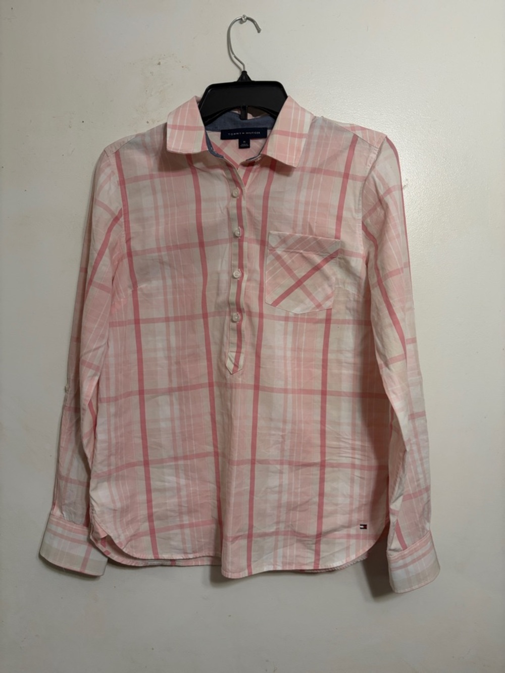 Tommy Hilfiger Pink and White Plaid Women's Button-Front Blouse